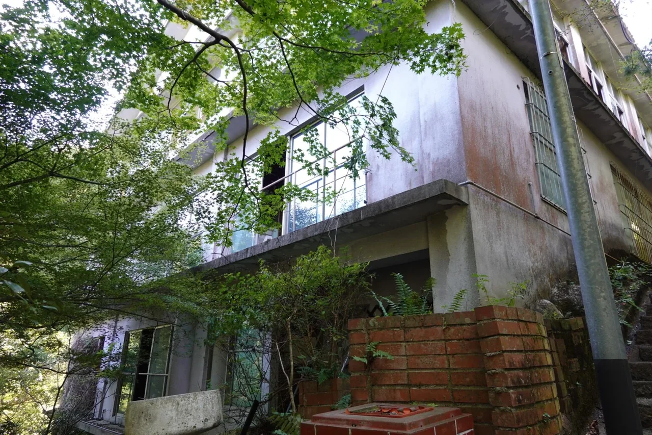 木々に囲まれた使われていない建物の外観