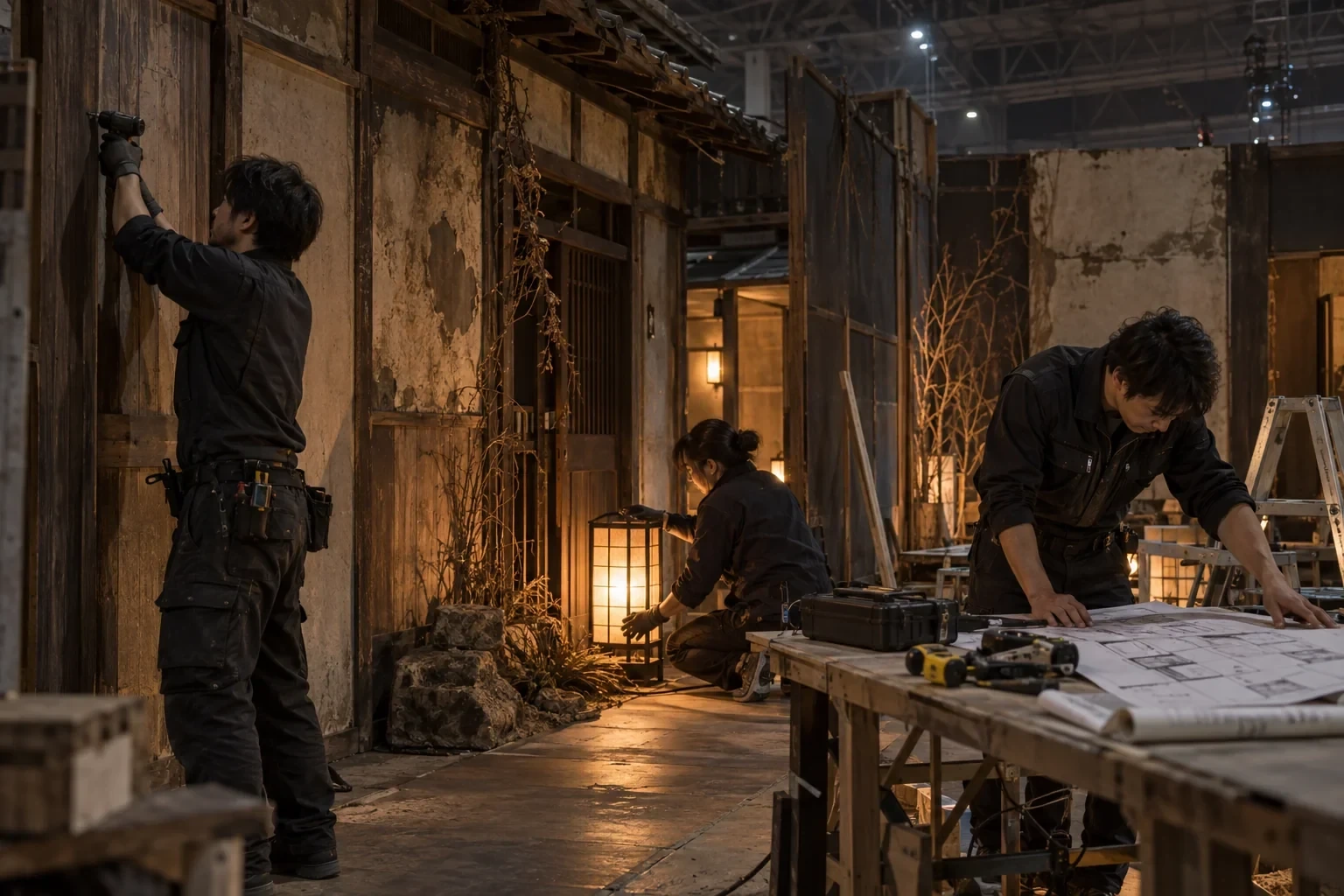 ホラー制作チームが会場でセットや照明を調整する制作風景